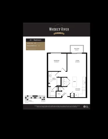 Stylish Whiskey River A1 floor plan with 1 bedroom and 1 bath, featuring an open-concept living area, spacious kitchen with island, and a cozy balcony.