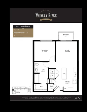 Whiskey River floor plan A1a featuring a stylish 1-bedroom layout with an open-concept living area, modern kitchen with island, private balcony, and walk-in closet.