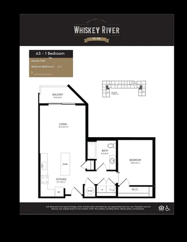 Modern A3 floor plan at Whiskey River with 1 bedroom, spacious living area, contemporary kitchen, and private balcony, totaling 716 square feet.