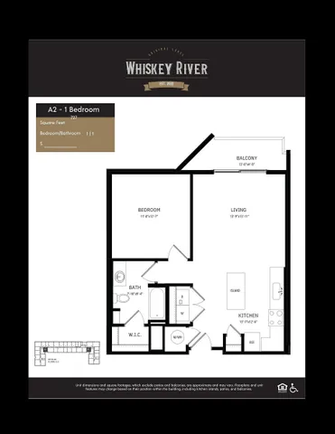 Whiskey River floor plan showcasing a 1 bedroom apartment with a spacious living area, modern kitchen with island, and private balcony, totaling 727 square feet.