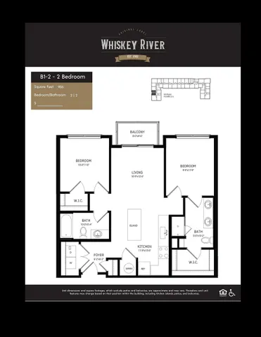 Modern Whiskey River floor plan showcasing a 2-bedroom, 2-bathroom layout with 906 sq ft, featuring a spacious kitchen island, open living area, and private balcony.