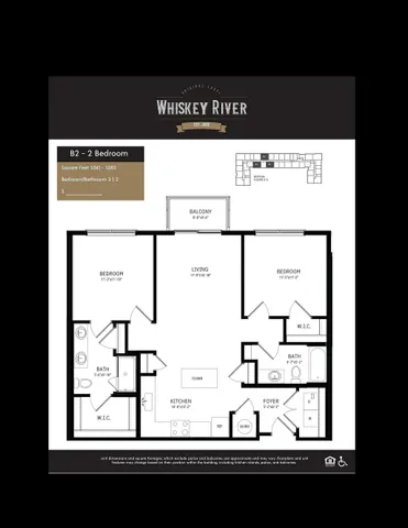 Stylish Whiskey River B2 floor plan featuring 2 bedrooms, 2 bathrooms, open-concept kitchen with island, and a cozy living area opening to a spacious balcony. Total area 1,041 to 1,082 sq ft.