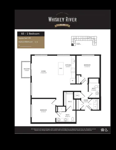 Elegant Whiskey River B3 floor plan showcasing 2 bedrooms, open living area, modern kitchen with island, and two baths over 1,199 sq ft.