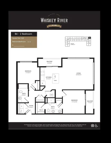 Stylish Whiskey River floor plan featuring 2 spacious bedrooms, open living area, modern kitchen with island, and private balconies, totaling 1165 sq ft.