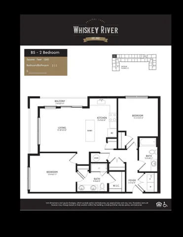 Spacious Whiskey River floor plan featuring 2 bedrooms, 2 bathrooms, and an open kitchen with island, totaling 1,042 sq ft. Includes a cozy living room and balcony for relaxing evenings.