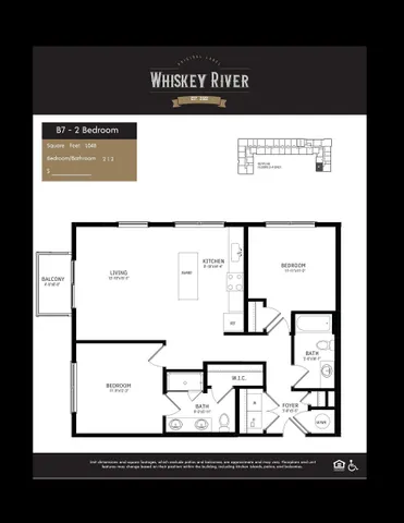 Whiskey River B7 floor plan showcasing a modern 2 bedroom, 2 bathroom layout with a spacious living area, contemporary kitchen with island, and private balcony, totaling 1,048 sq ft.