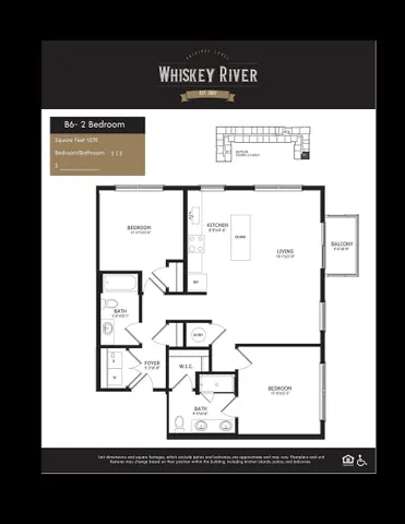 Whiskey River luxurious B6 floor plan featuring 2 bedrooms, 2 bathrooms, a stylish kitchen with island, open living area, and private balcony, spanning 1,070 sq ft.