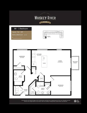 Elegant Whiskey River B8 floor plan featuring 2 bedrooms, 2 bathrooms, and a modern kitchen with island. Includes spacious living area and private balcony, totaling 1,059 sq ft of stylish living space.