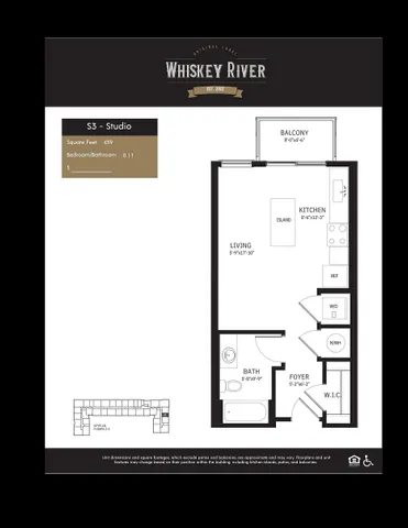 Whiskey River Studio floor plan featuring an open living area, kitchen with island, balcony, and modern bath, all within 439 sq ft.