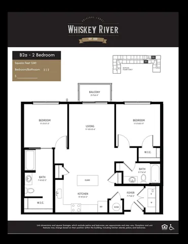 Whiskey River B2a stylish floor plan featuring 2 spacious bedrooms, 2 modern bathrooms, a large kitchen with island, and a living area leading to a balcony. Total area of 1,041 square feet.