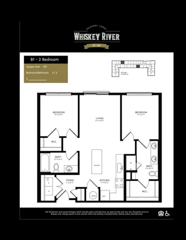 Whiskey River luxury floor plan showcases 2 bedrooms, spacious living area, modern kitchen with island, and dual bathrooms in 927 sq ft layout.