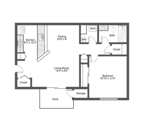 Elegant floor plan showcasing a spacious one-bedroom apartment with a modern kitchen, open living and dining area, bathroom, and a delightful deck for outdoor enjoyment.