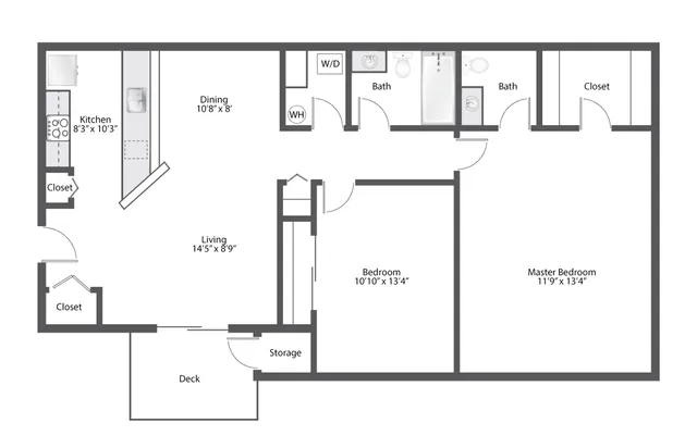 Modern floor plan showcasing a spacious 2-bedroom apartment with a master suite, two baths, open living and dining area, and a cozy kitchen. Includes a private deck and ample storage options.