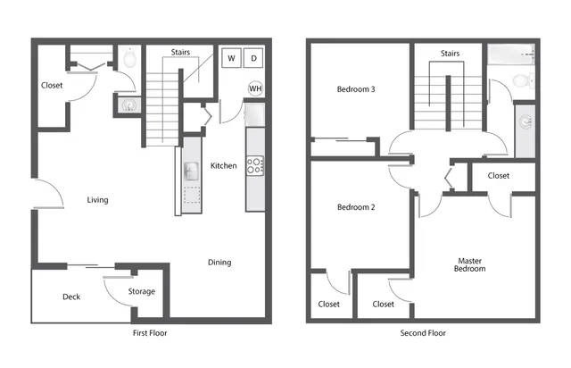 Modern 2D floor plan showcasing a two-story layout with 3 spacious bedrooms, open living and dining areas, and a stylish kitchen. Includes a private deck and convenient storage on the first floor.