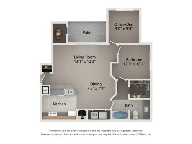 Modern floor plan featuring 1 bedroom, an office/den, and an inviting living area with adjoining kitchen, dining space, and a private patio.