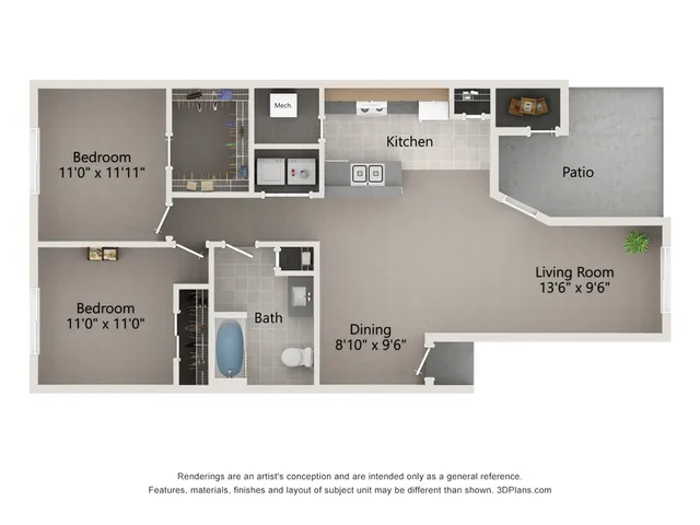Charming floor plan showcasing a modern 2-bedroom apartment with an open dining area, elegant kitchen, and a cozy living room leading to a spacious patio.
