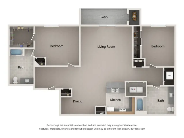 Modern floor plan showcasing 2 spacious bedrooms, 2 stylish bathrooms, an open living room, a cozy dining area, a well-equipped kitchen, and a serene patio.