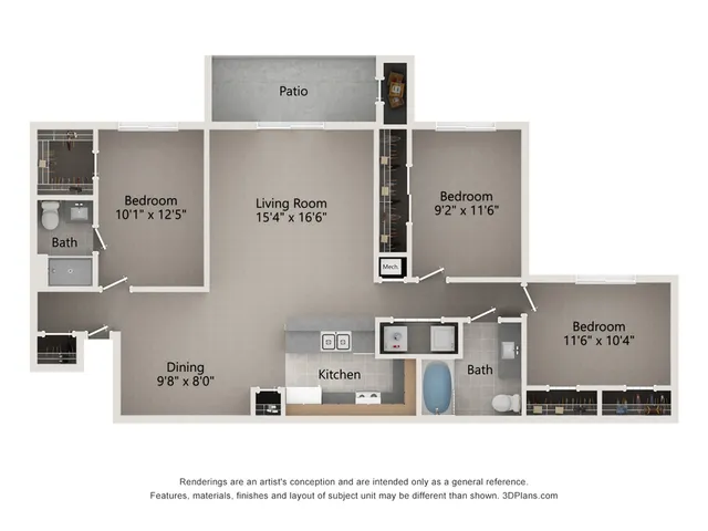 Modern floor plan featuring three spacious bedrooms, open-concept living and dining areas, fully-equipped kitchen, and two bathrooms. Includes a cozy patio for outdoor relaxation.
