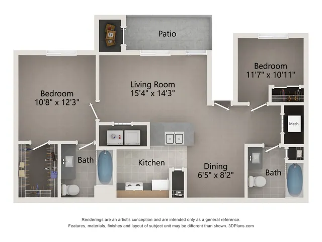 Inviting floor plan with two spacious bedrooms, a modern kitchen, cozy living room, relaxing patio, and convenient dining area. Features two bathrooms and ample closet space.
