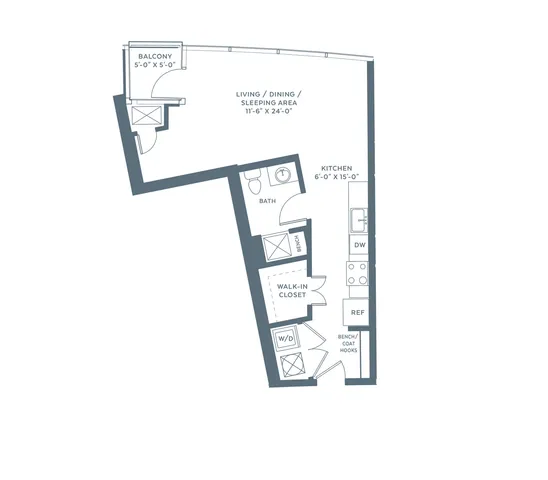 Modern studio apartment floor plan featuring an open living and dining area, spacious kitchen, walk-in closet, luxurious bathroom, and a cozy 5x5 balcony.