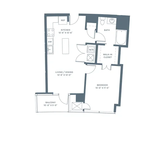 Modern floor plan displaying a spacious 1-bedroom apartment with an open kitchen, living/dining area, walk-in closet, bath, and a cozy balcony.