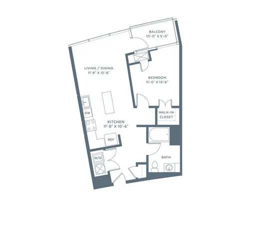 Modern apartment floor plan featuring 1 bedroom, an open-concept kitchen, a cozy living/dining area, and a private balcony.