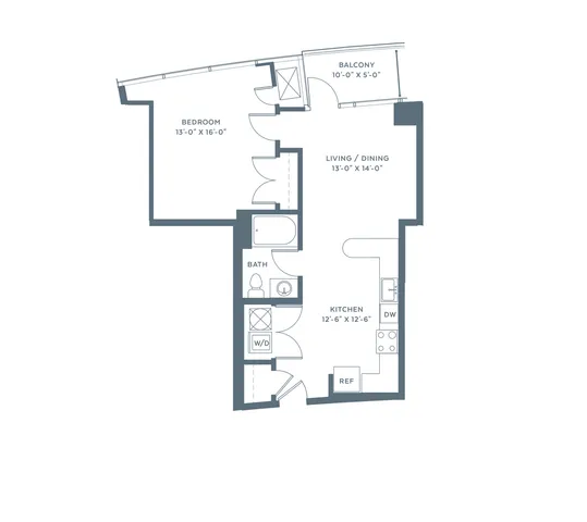 Modern floor plan featuring a spacious bedroom, open living and dining area, contemporary kitchen, bath, and cozy balcony.