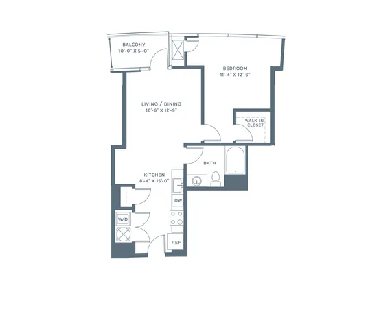 Modern 1-bedroom apartment floor plan showcasing a spacious living/dining area, balcony, and walk-in closet.