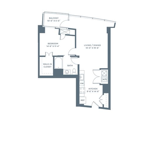 Modern floor plan showcasing a spacious 1-bedroom apartment with an open living/dining area, well-equipped kitchen, private balcony, and walk-in closet.