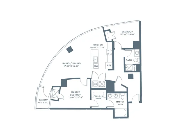 Sophisticated floor plan showcasing a spacious 2-bedroom, 2-bath apartment with an open living/dining area, modern kitchen, and charming balcony.