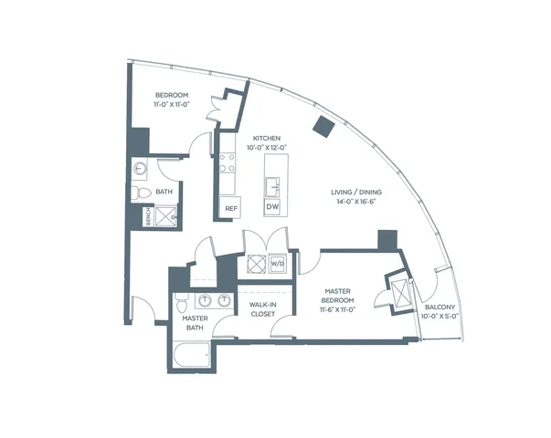 Modern floor plan with an inviting open-concept living and dining area, 2 cozy bedrooms, spacious kitchen, luxurious master bath, and private balcony.