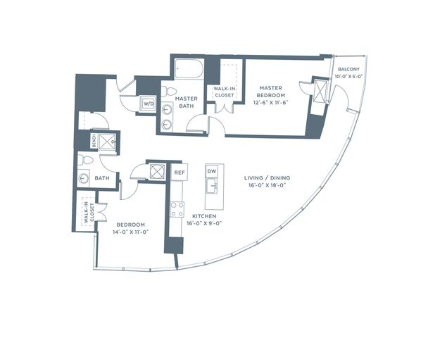 Elegant floor plan showcasing 2 bedrooms, including a master suite with walk-in closet, open living and dining area, modern kitchen, and cozy balcony.