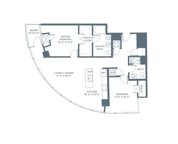 Elegant floor plan with a curved layout featuring a master bedroom with walk-in closet, spacious living and dining area, modern kitchen, additional bedroom, two baths, and balcony.