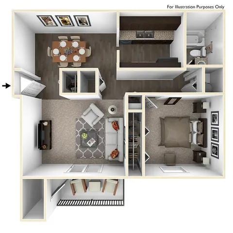 Chic 1-bedroom 3D floor plan with open living space, sleek kitchen, and modern dining area.