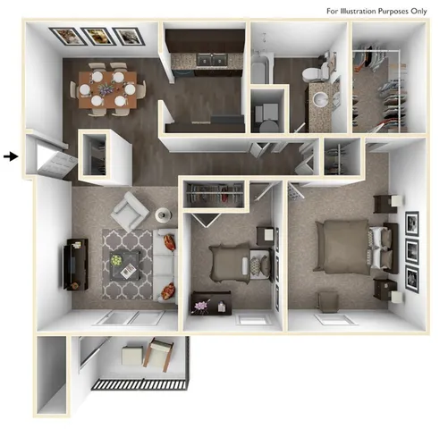 Beautifully designed 3D apartment floor plan featuring two bedrooms, an elegant living area, a modern kitchen with dining space, and a cozy balcony.