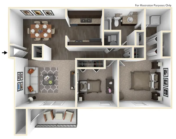 Inviting 3D floor plan showcasing 2 bedrooms, a cozy living room, modern kitchen, elegant dining area, and a private balcony.