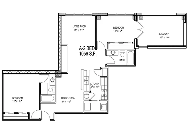 Chic A-2 floor plan layout showcasing 1056 sq. ft. with 2 bedrooms, a bright living room, a modern kitchen, and a spacious balcony.