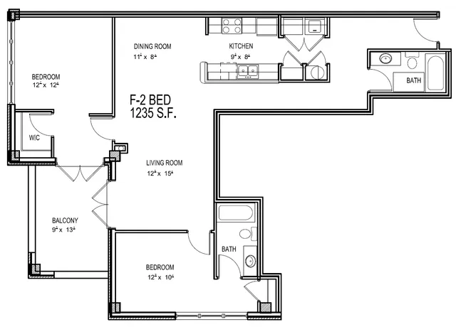 Elegant floor plan of a 2-bedroom apartment featuring 1235 sq ft, includes an open living room, dining area, modern kitchen, two baths, and a spacious balcony.