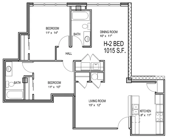 Inviting 2-bedroom floor plan with spacious living room, modern kitchen, and two elegant bathrooms in a 1015 sq ft layout.