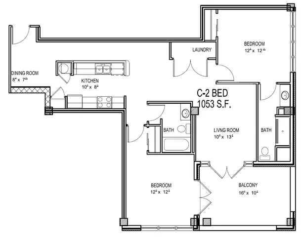 Modern C-2 apartment floor plan with 1053 sq ft, featuring 2 comfortable bedrooms, 2 elegant bathrooms, a spacious living room, a cozy dining room, and a well-equipped kitchen with an adjoining laundry area, plus a balcony for outdoor relaxation.
