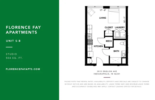 Modern studio floor plan at Florence Fay Apartments featuring an open living area, efficient kitchen, and versatile spaces with closet and laundry. Located in Indianapolis, 504 sq. ft. of stylish living space.