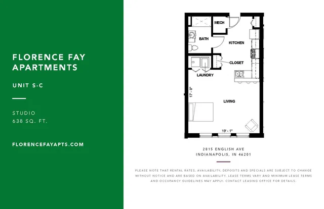 Florence Fay Apartments studio floor plan with 638 sq. ft., featuring an open living area, modern kitchen, and convenient laundry space in Indianapolis.