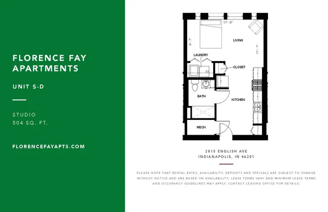 Elegant floor plan of Unit S-D at Florence Fay Apartments, showcasing a spacious studio layout with integrated kitchen and living area, bath, laundry, and closet, covering 504 sq. ft. in Indianapolis.
