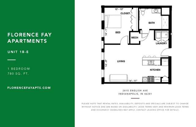 Contemporary 1-bedroom floor plan at Florence Fay Apartments featuring a spacious living area, modern kitchen, and convenient laundry space. Totaling 780 sq. ft., this unit offers urban living in Indianapolis.