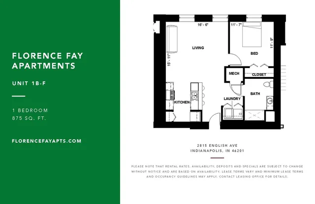 Modern Florence Fay Apartments, Unit 1B-F, featuring a cozy 1-bedroom layout with an open living area, sleek kitchen, convenient laundry, and a stylish bath. Spacious 875 sq. ft. design in Indianapolis.