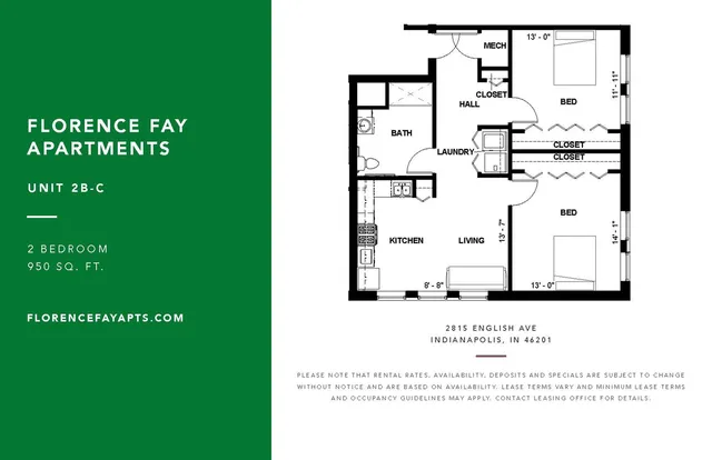Florence Fay Apartments, Unit 2B-C floor plan with 2 bedrooms, a modern kitchen, spacious living area, laundry, and bath in 950 sq. ft. at Indianapolis, IN.