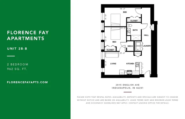 Florence Fay Apartments Unit 2B-B floor plan showcasing a stylish 2-bedroom layout with a welcoming living area, modern kitchen, and convenient laundry space, covering 962 sq. ft. in Indianapolis, IN.