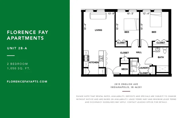 Florence Fay Apartments floor plan for Unit 2B-A featuring 2 spacious bedrooms, a large living area, modern kitchen, and convenient laundry in 1,050 sq. ft., located in Indianapolis.