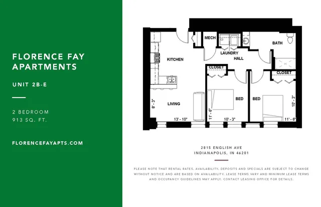 Inviting 2-bedroom apartment floor plan at Florence Fay Apartments, featuring spacious living room, modern kitchen, and convenient laundry area, encompassing 913 sq. ft. in Indianapolis.