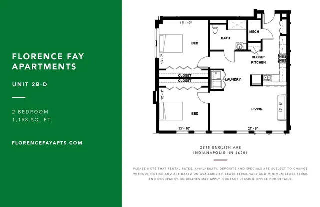 Modern Florence Fay Apartments Unit 2B-D floor plan showcasing 2 spacious bedrooms, an open living area, a sleek kitchen, and convenient laundry in 1,158 sq. ft. Perfect for comfortable living in Indianapolis.